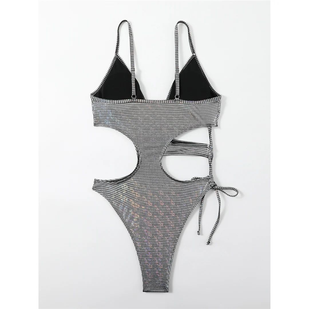 Sexy asymmetrischer, kariertes, ausgeschnittenes Einteiler-Badeanzug für Damen, Monokini mit hohem Beinausschnitt, Badeanzug, Damen-Badebekleidung, V4390 – Detail 13