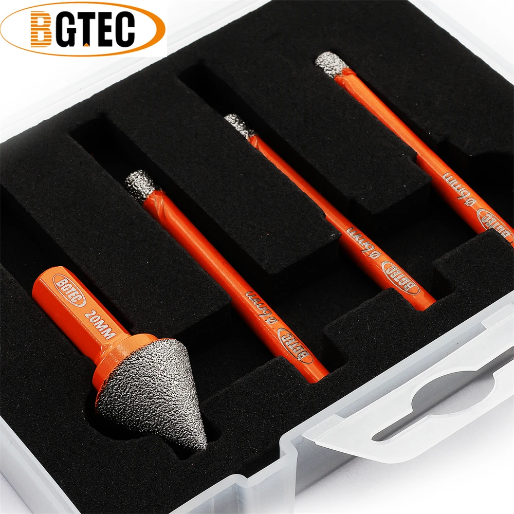 BGTEC 4pcs Diamond Drill Bits Diamond Chamfer Set Box Drilling Bevelling Tile Marble Round Shank Milling Porcelain Hole Opener