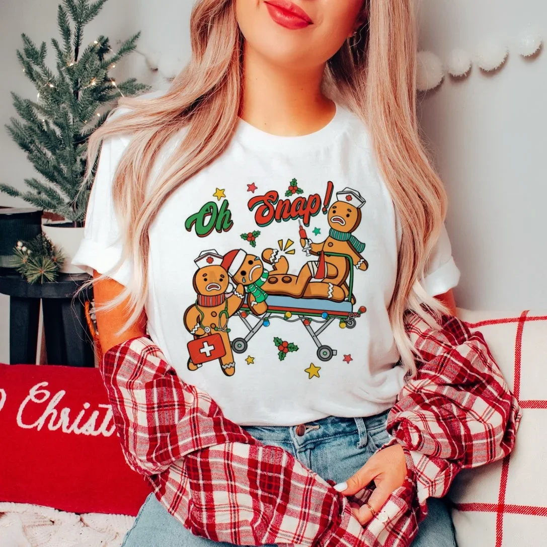 Funny Oh Snap Gingerbread Bone Printed T-Shirt 90s Style Casual Short Sleeve T-Shirt Pattern Fashionable Cute Women's T-Shirt