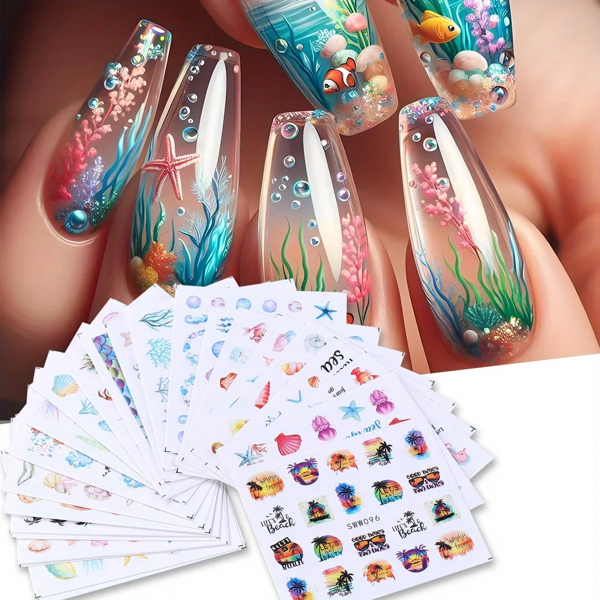 24pcs Marine Life Water Transfer Nail Stickers Mermaid Conch Starfish Jellyfish Seashell Design Summer Ocean Manicure Decor Tips