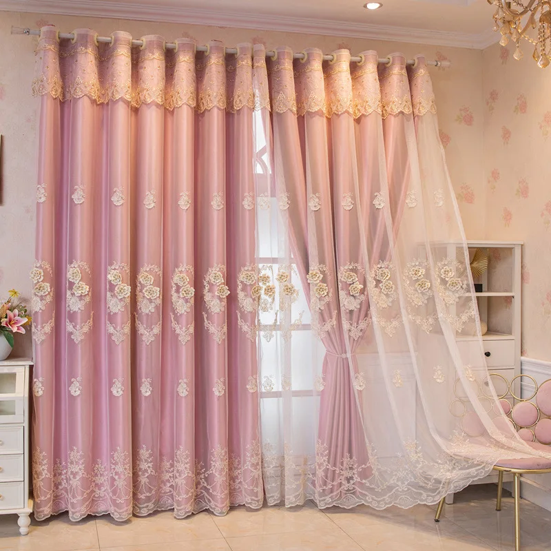 1 Panel 132cm Width European Double Layer Curtain with Valance for Living Room Bedroom 3D Flower Embroidered Luxury Curtain