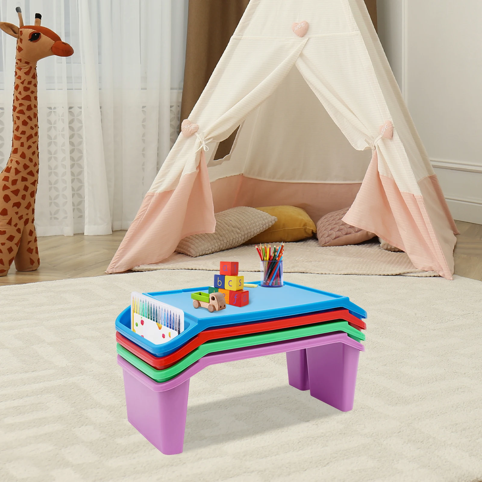 4 Piece Kids Lap Table Snack Table Children's Lap Desk Tray with Bright Colors for Classroom Learning Homework Drawing 55cm