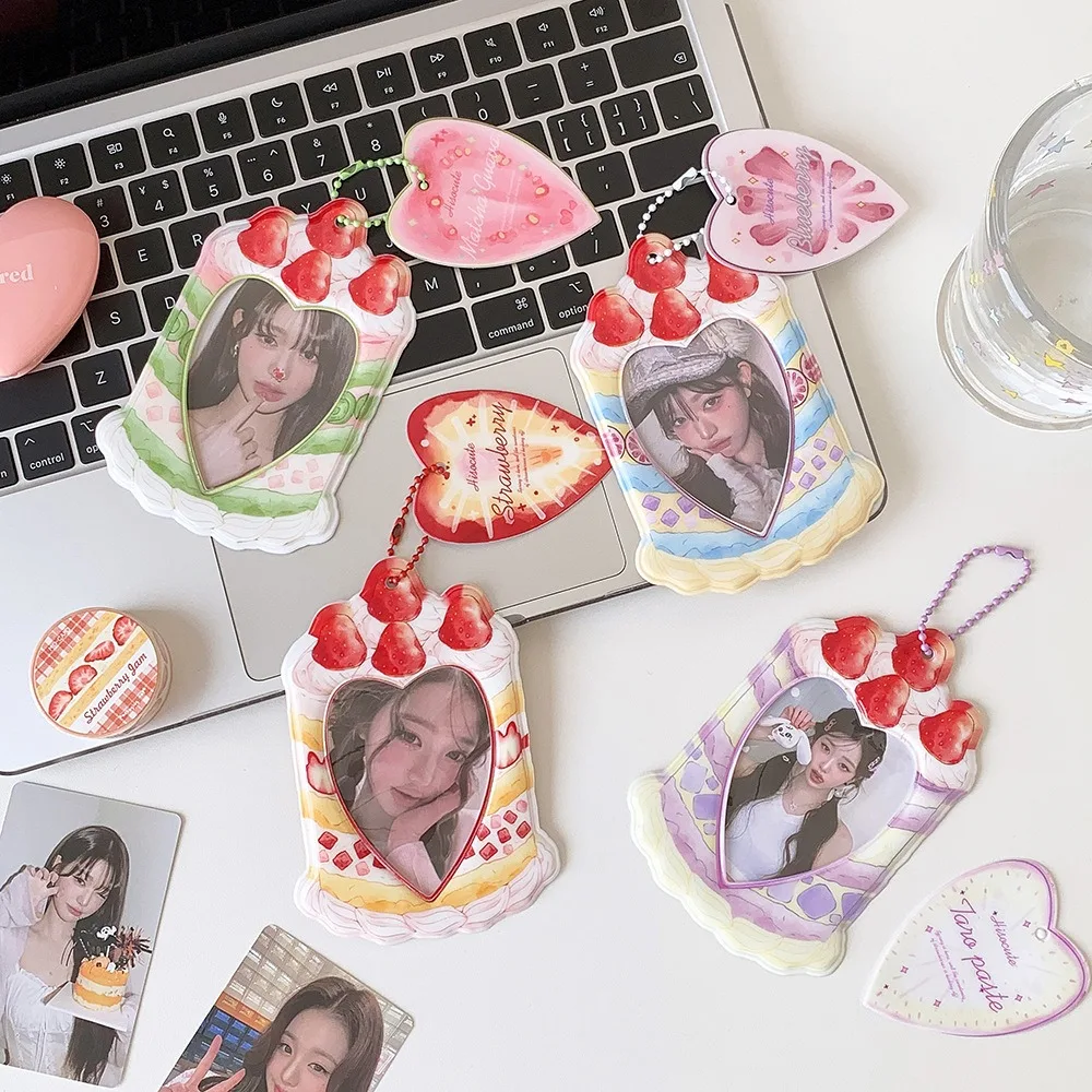 3 Inch Kpop Photocard Holder Cute Strawberry Cake Heart Card Protector Portable Bag Pendant Backpack Decor Keychain Card Sleeve