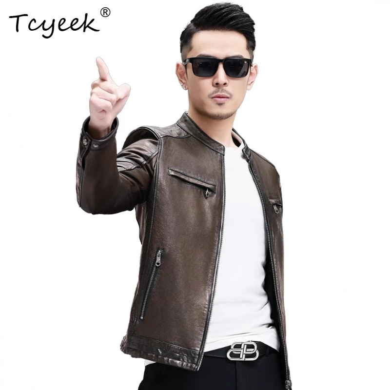 

Tcyeek Sheepskin Spring Autumn Trendy High End Stand Up Collar Dual Color Short Men Genuine Leather Jacket Jaquetas Masculino