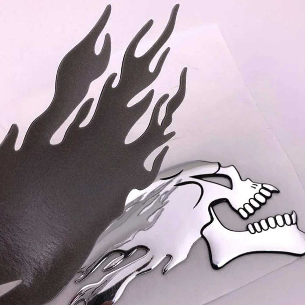 2Pcs/Pair 14*6cm Car Decoration Stickers,Helmet Shaped Decoration,Silver Fire Skull Stickers,Car Decoration Accessories view 4