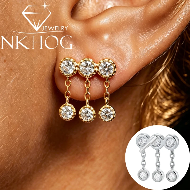 NKHOG 1.2cttw Double Row Full Moissanite Bubble Tassel Drop Earrings For Women 925 Sterling Silver Studs Wedding Fine Jewelry