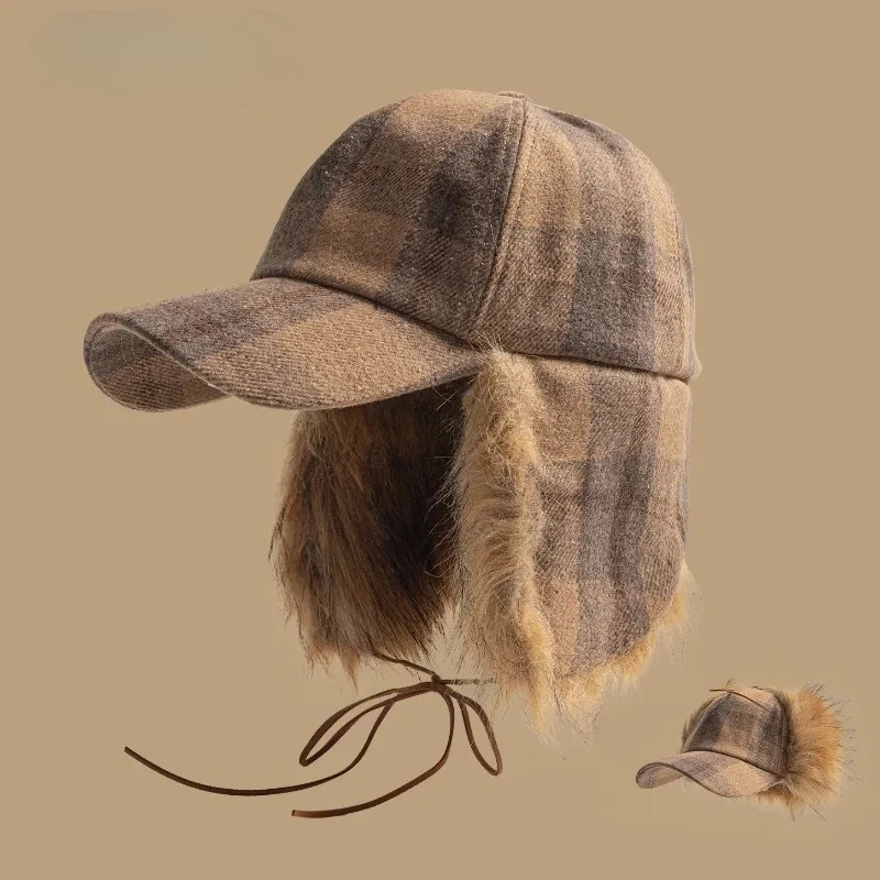 1pcs New Retro Plaid Plush Pilot Hats for Men and Women Winter Outdoor Leisure and Warm Fashion Versatile Women Bomber Hats ﻿