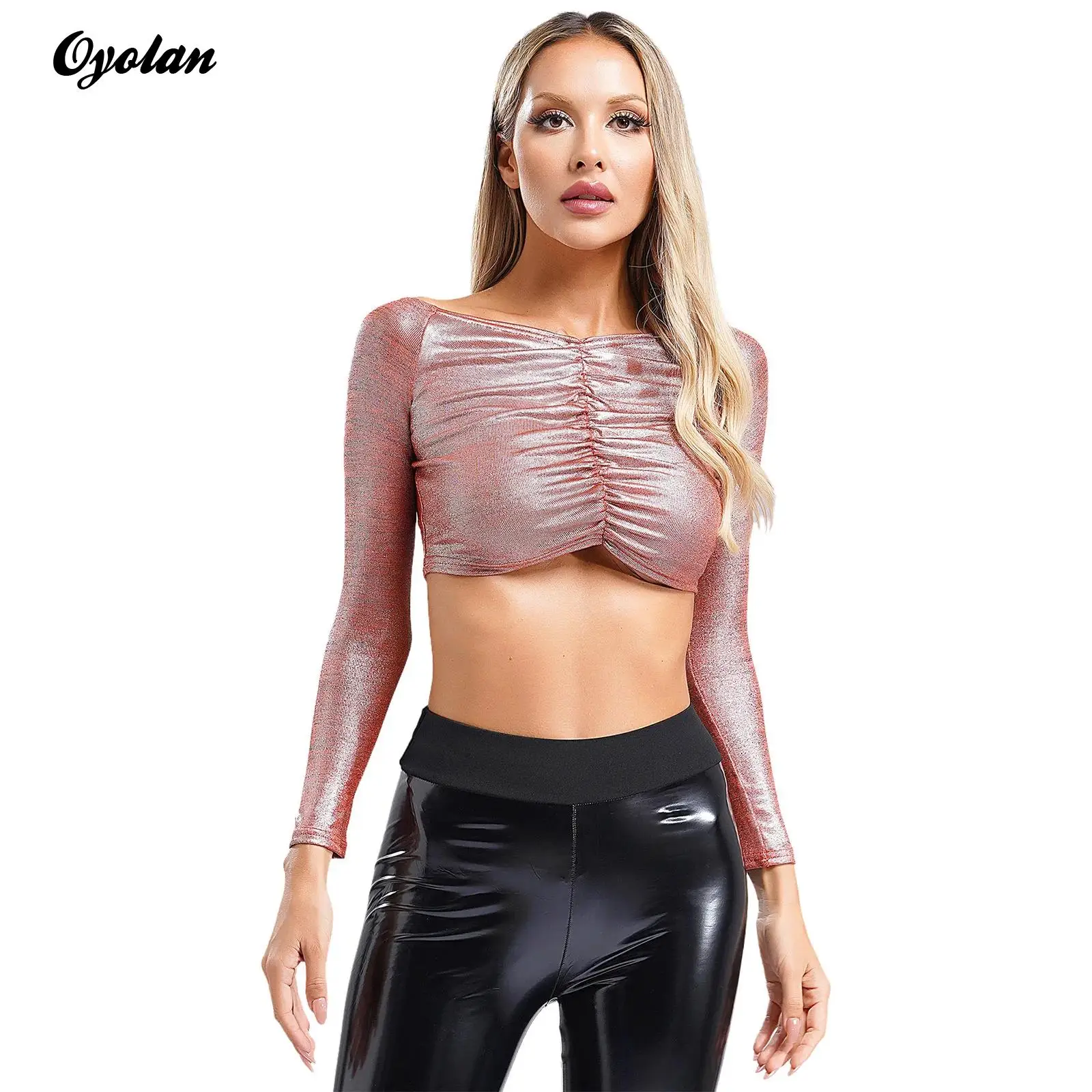 Womens Fashion Ruched Crop Top Solid Color Long Sleeve Shimmery T-shirt Tops for Club Rave Party Music Festival Clothings