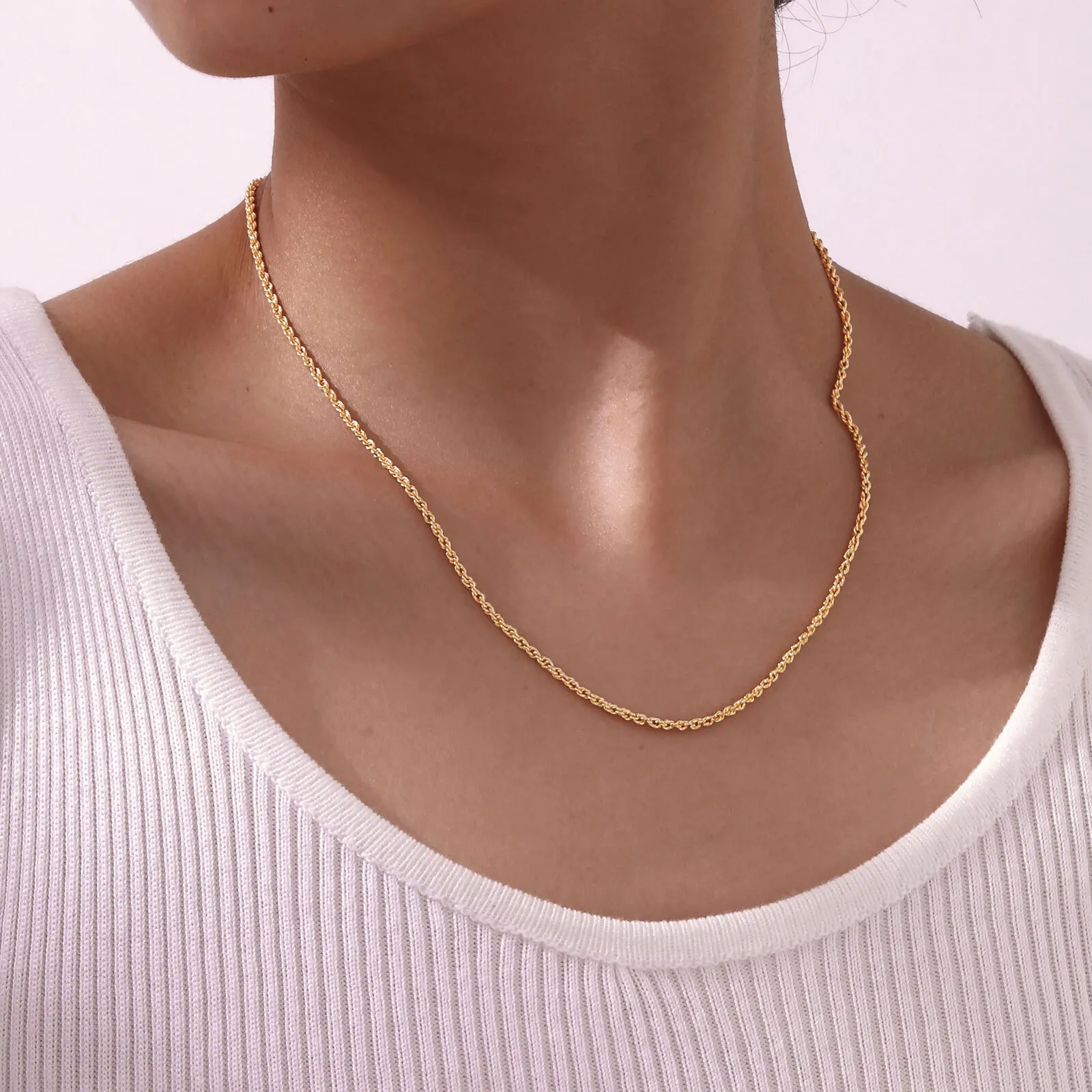 Vnox Sparking Twisted Rope Chain Necklaces for Women Girl,Stackable Gold Plated Simple Metal Choker Collar,Satellite Cable Chain