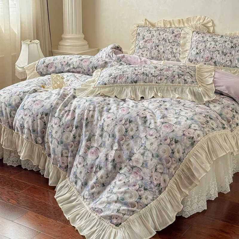 Korean Princess Style Floral Ruffles 100% Cotton Bedding Set Duvet Cover Double Layer Lace Quilted Bedskirt Pillowcases 4Pcs