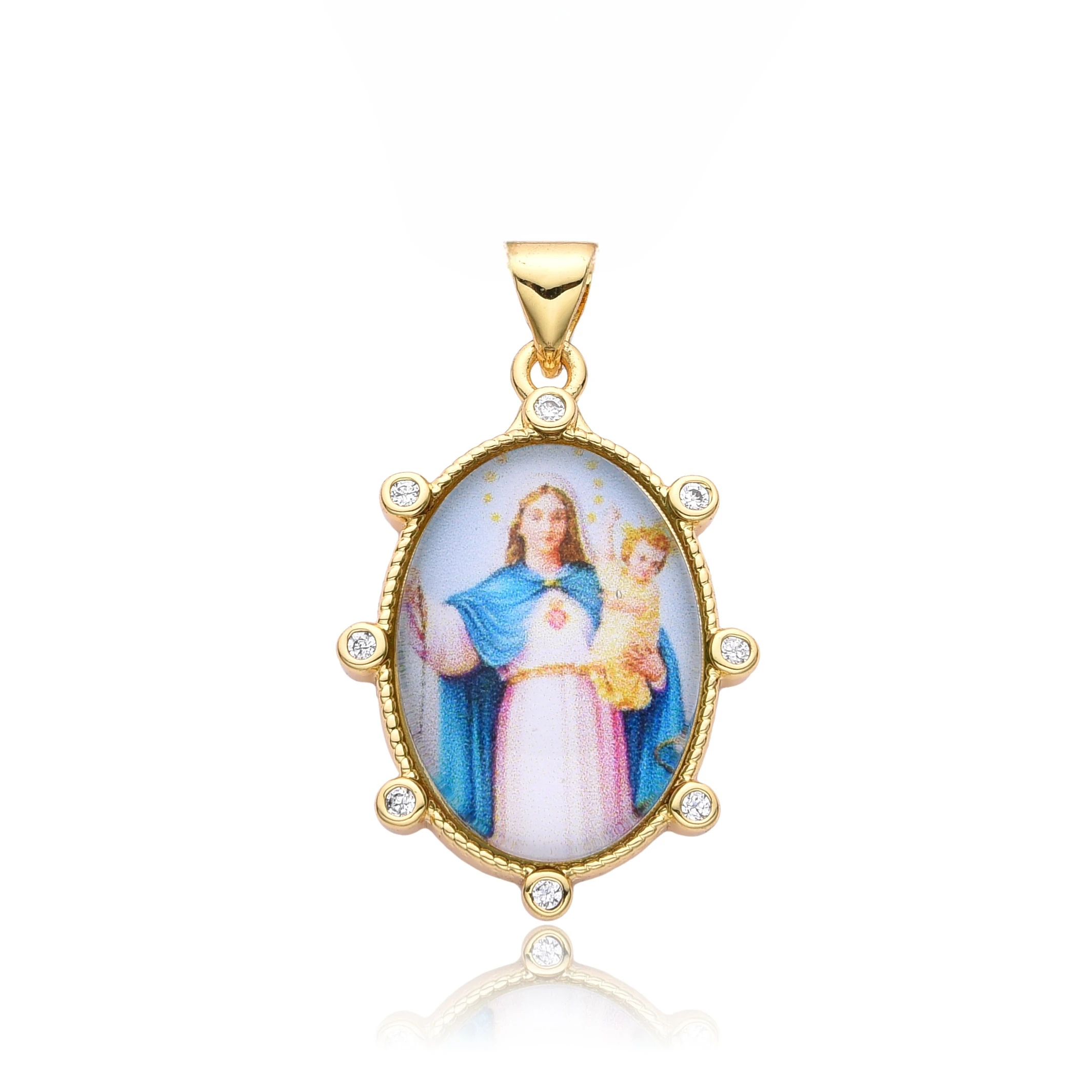 Cor Dourada Oval Bebê Jesus Virgem Maria Encantos, Cubic Zirconia Colorido, Colar Guadalupe para Mulheres, Gargantilha Pingente, Jóias DIY