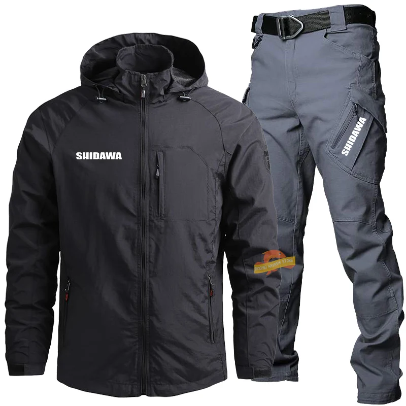 Men Spring Autumn Thin Fishing Suits Outdoor Casual Sports Hooded Windbreaker Tactical Pants Quick-dry Breathable Hiking Clothes