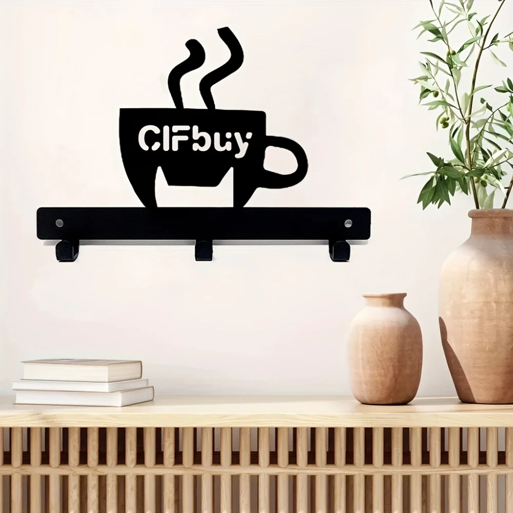 CIFBUY Wall Mounted Coffee Cup Rack Metal Iron Mug Holder with Sign Key Hooks Organizer Kitchen Bar Hanging Sculpture HomeDecor