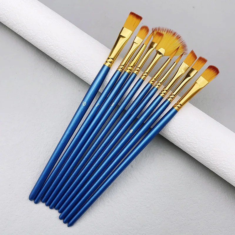 10pcs/set Nylon Hair Wooden Handle Watercolor Paint Brush Pen Set DIY Oil Acrylic Painting Art Paint Brushes Beginner Brushes