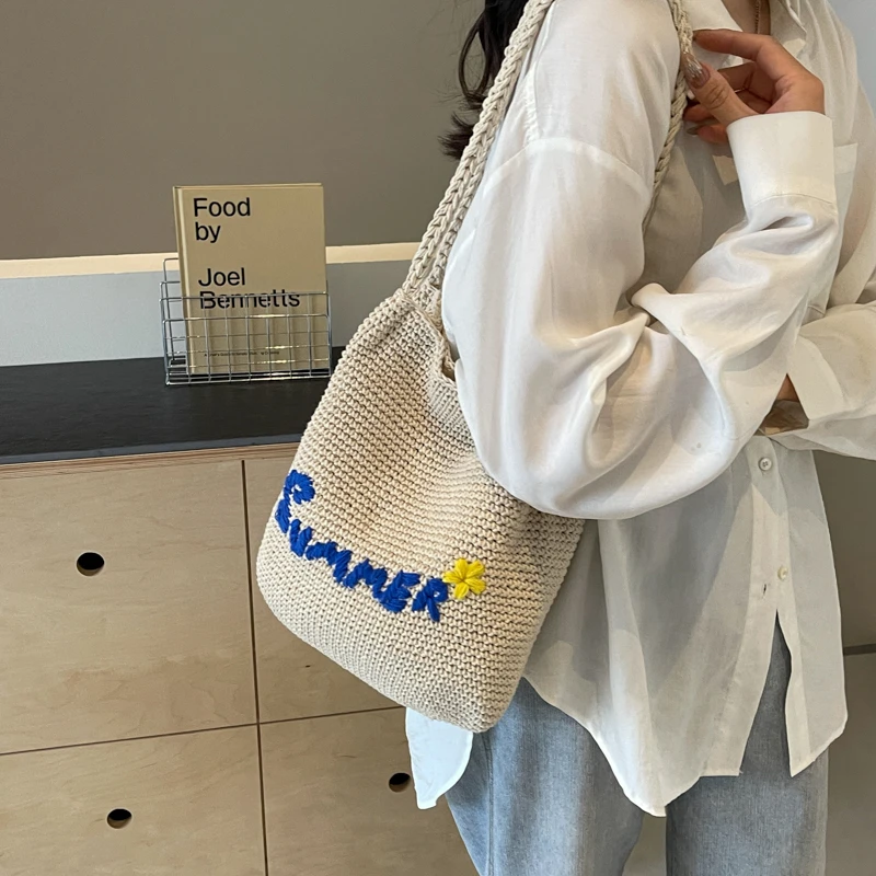 Cotton Fabric Solid Large Capacity Shoulder Bags Letter Fresh Casual Braid Handbags for Women 2024 Fashion High Quality Tote