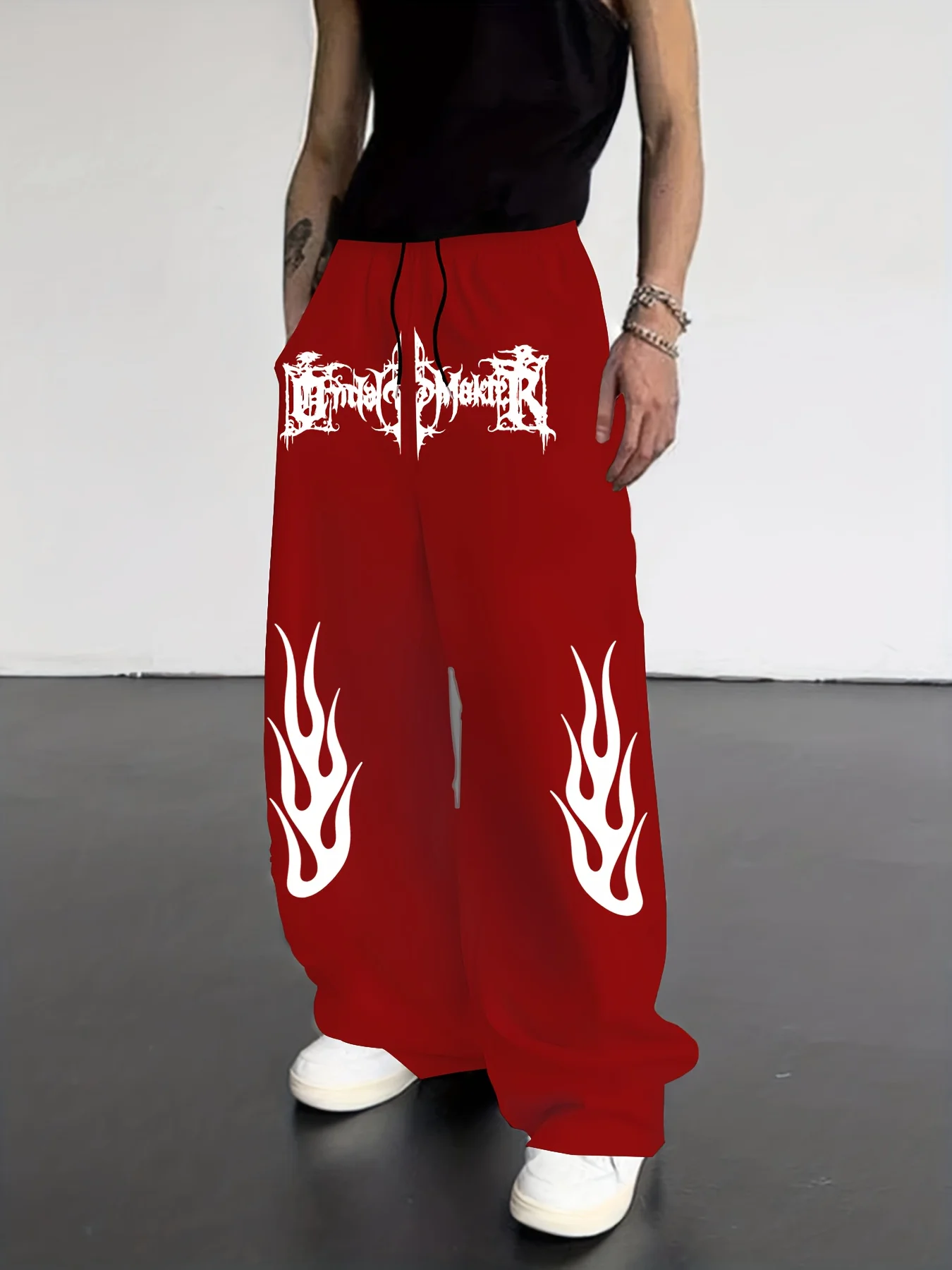 High Street Flame Graphic Print Men Straight Sweatpants Elastic Waist Drawstring Soft Loose Street Daily Casual Long Pants S-5XL
