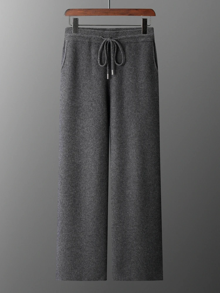 

2025 New Chic Men's 100% Merino Wool Knitted Wide Leg Pants Smart Casual Loose Trousers Autumn Winter Thick Soft Fashion Pants