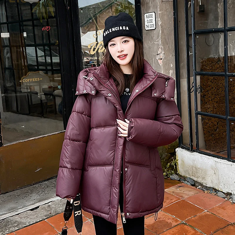 2025 Streetwear Glänzende Baumwolle gefütterte Jacke frauen Parkas Winter Lose Mäntel Mit Kapuze Schärpen Oberbekleidung Dame Verdicken Warme Mantel