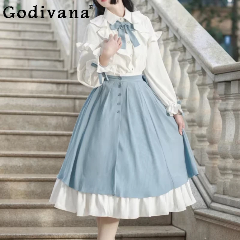

Spring Autumn New Sweet Ruffles Bow Elegant Long Sleeve Shirt Fashion High Waist A-line Versatile Age Reduction Long Skirt