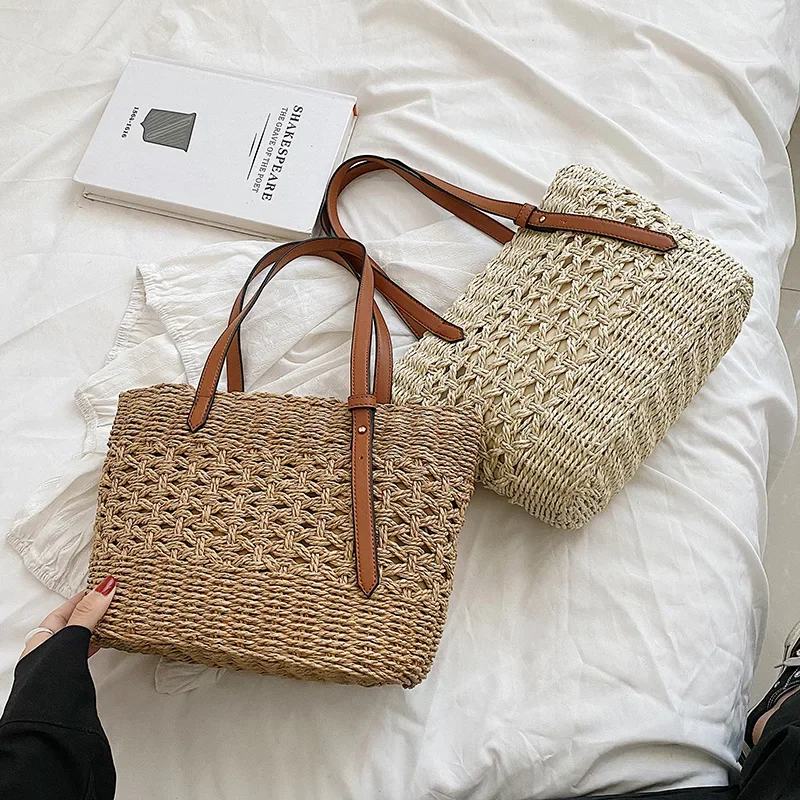 New Trendy Straw Weave Bag for Women Summer Female Handbags Shoulder Bag Simple Shopping Totes Casual Vacation Beach Bag