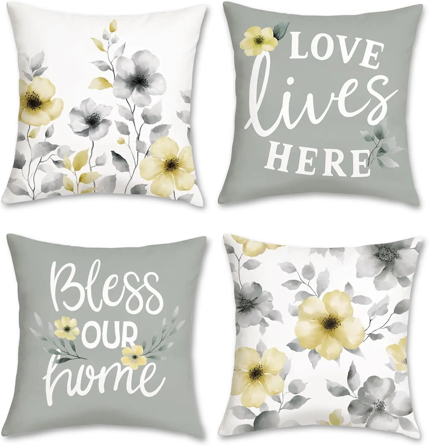 Watercolor Floral Throw Pillow Covers, Grey Yellow Flowers Modern Farmhouse Velvety Decorative Pillowcases  Set of 4
