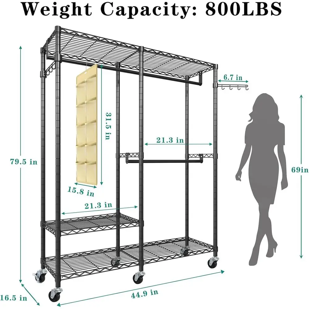 Sturdy 3-Tier Metal Adjustable Clothes Rack with 2 Hanging Bars, 800lbs Capacity, Black