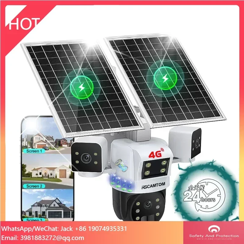 Rscamtom Dual Panel Solar Outdoor Camera 4G Sim Card Triple Lens 360 Degree Motion Detection Night Vision Full Color CCTV Camera
