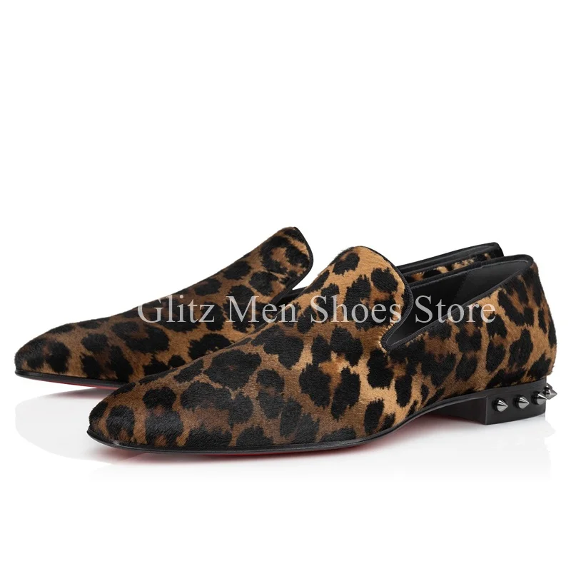 Rivet Leopard Print Men Shoes Low-heeled Loafers Luxury Pointed Head Slip On Calfskin Welted Wedding Dress Business Single Shoes