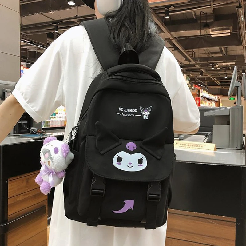 Mochila de nailon de Anime Sanrioed, bolso de hombro con melodía, Kuromi, Pompón, muñeca de dibujos animados, Lindo bolso escolar, regalo de