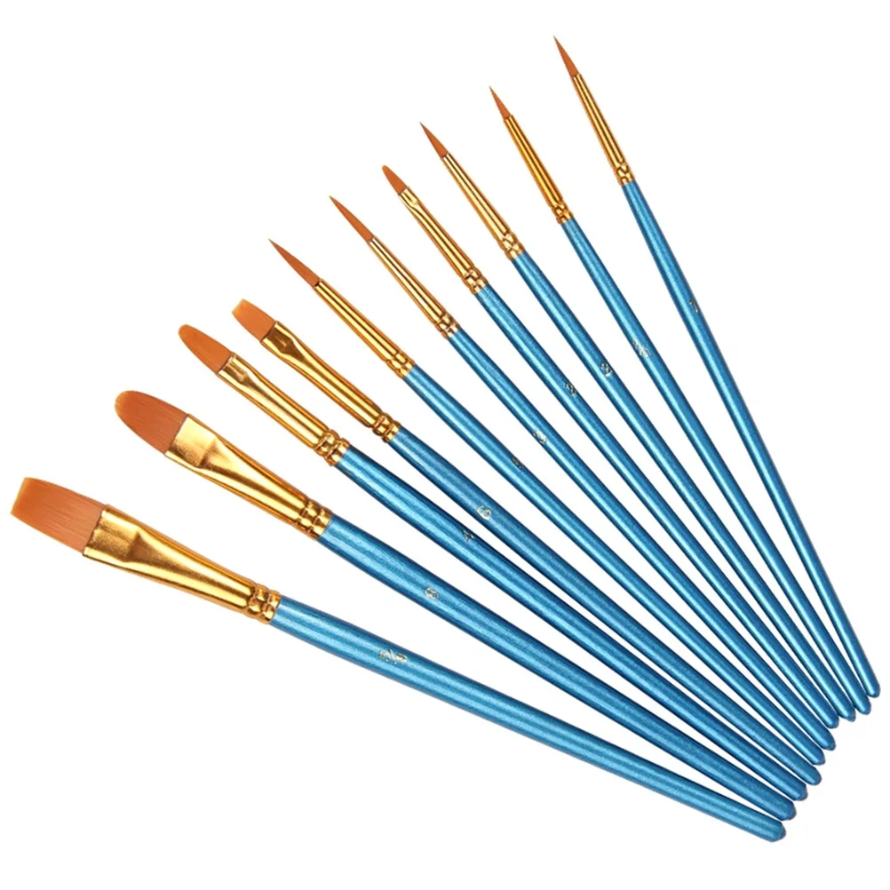 

10pcs Blue Paint Brushes Set Wood Handle Flat Tip For Acrylic Watercolor Oil Painting Painting Accessories Art Supplies