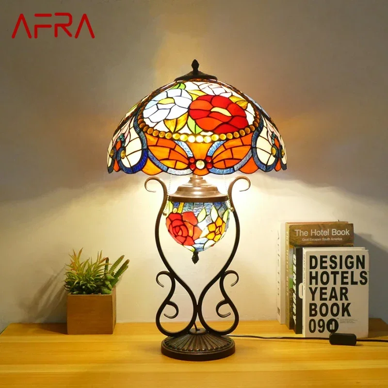 

AFRA Tiffany Table Lamp American Retro Living Room Bedroom Lamp Luxurious Villa Hotel Stained Glass Desk Lamp