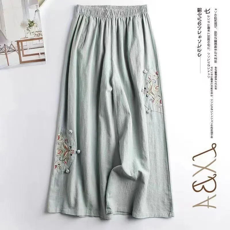 

Повседневные брюки с эффектом похудения, новинка лета 2023, тонкие хлопковые льняные брюки с вышивкой, широкие брюки длиной до щиколотки, женская мода