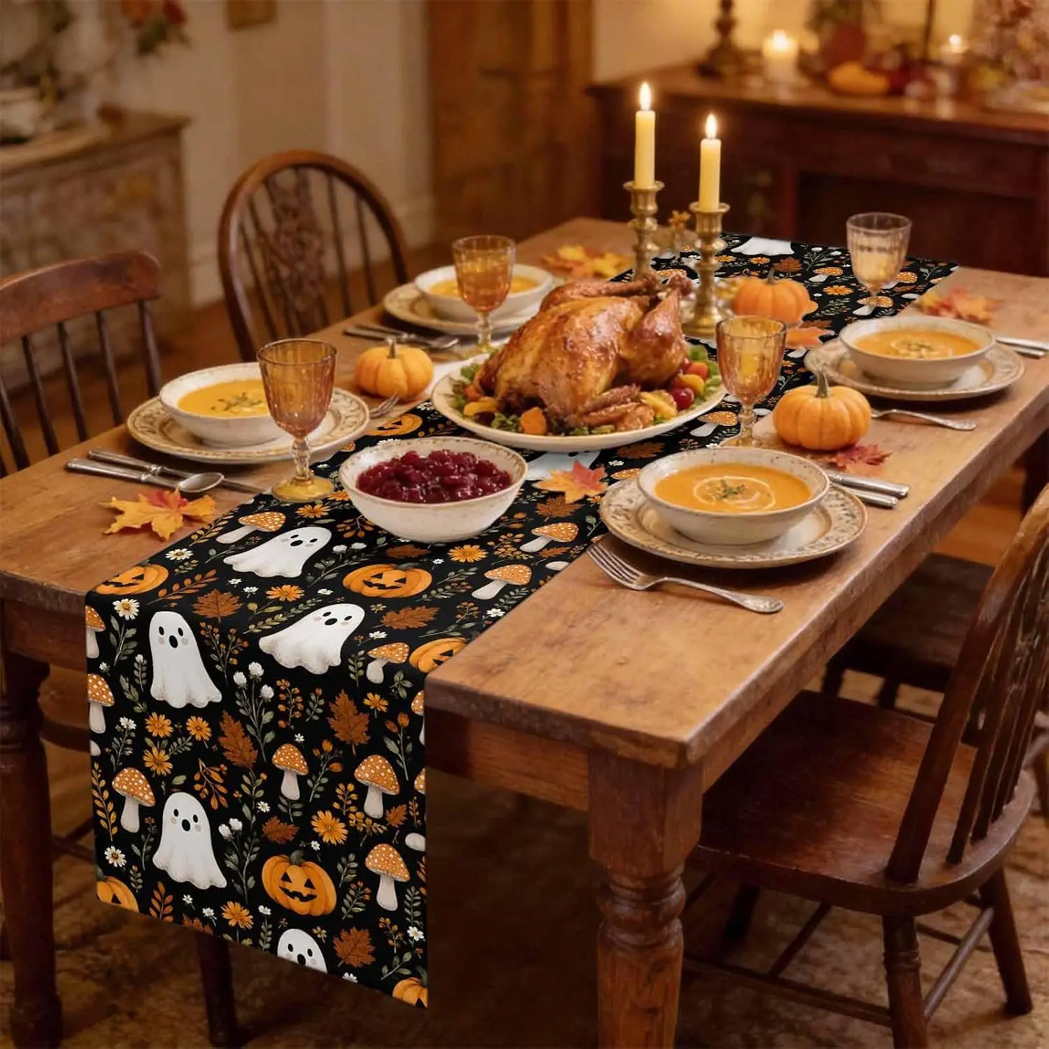 Halloween Cute Ghosts Pumpkins Maple Leaves Mushrooms Linen Table Runner Home Decor Kitchen Dining Table Runners Halloween Decor