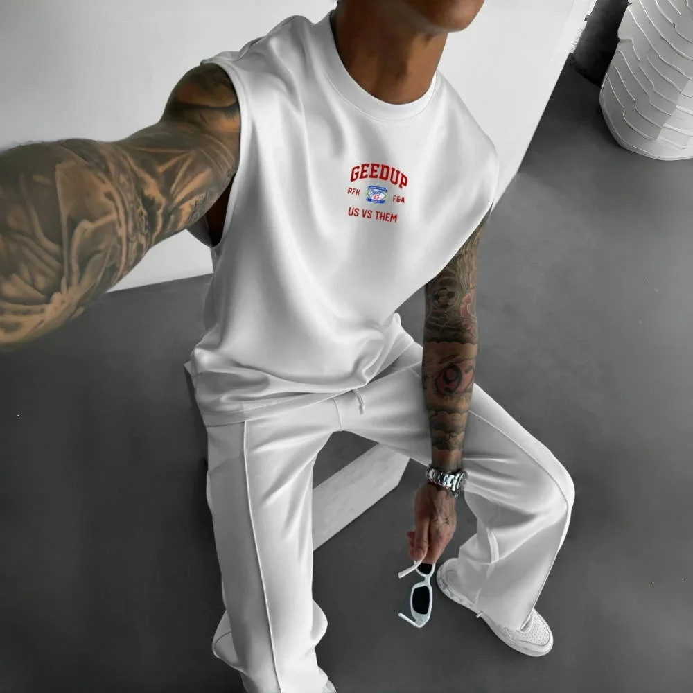

Men's Summer Casual Sleeveless Crewneck Two-Piece Set Wide-Leg Pants Trendy Sports Street Fashion All-Match Suit