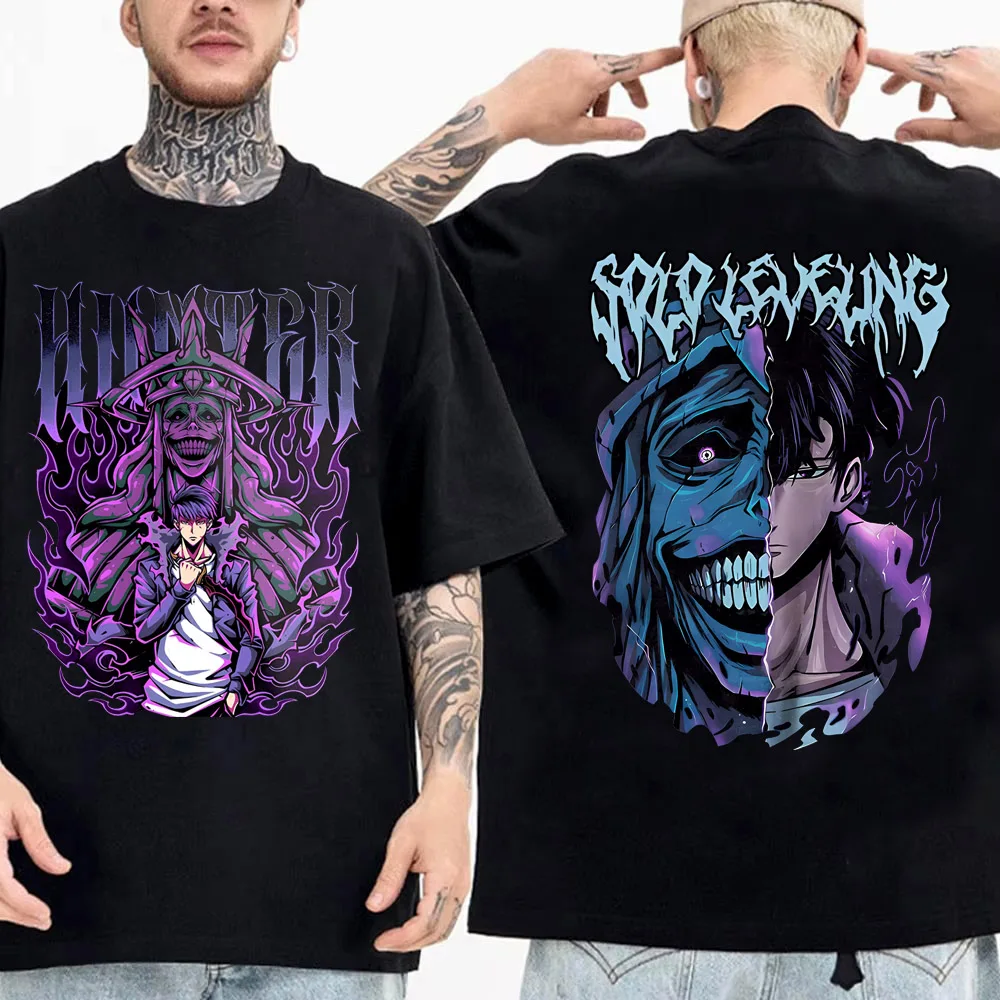 Camiseta de nivelación individual de Anime japonés para hombre, camisetas gráficas de dibujos animados Sung Jinwoo, Camiseta de algodón de alta calidad de manga corta Harajuku