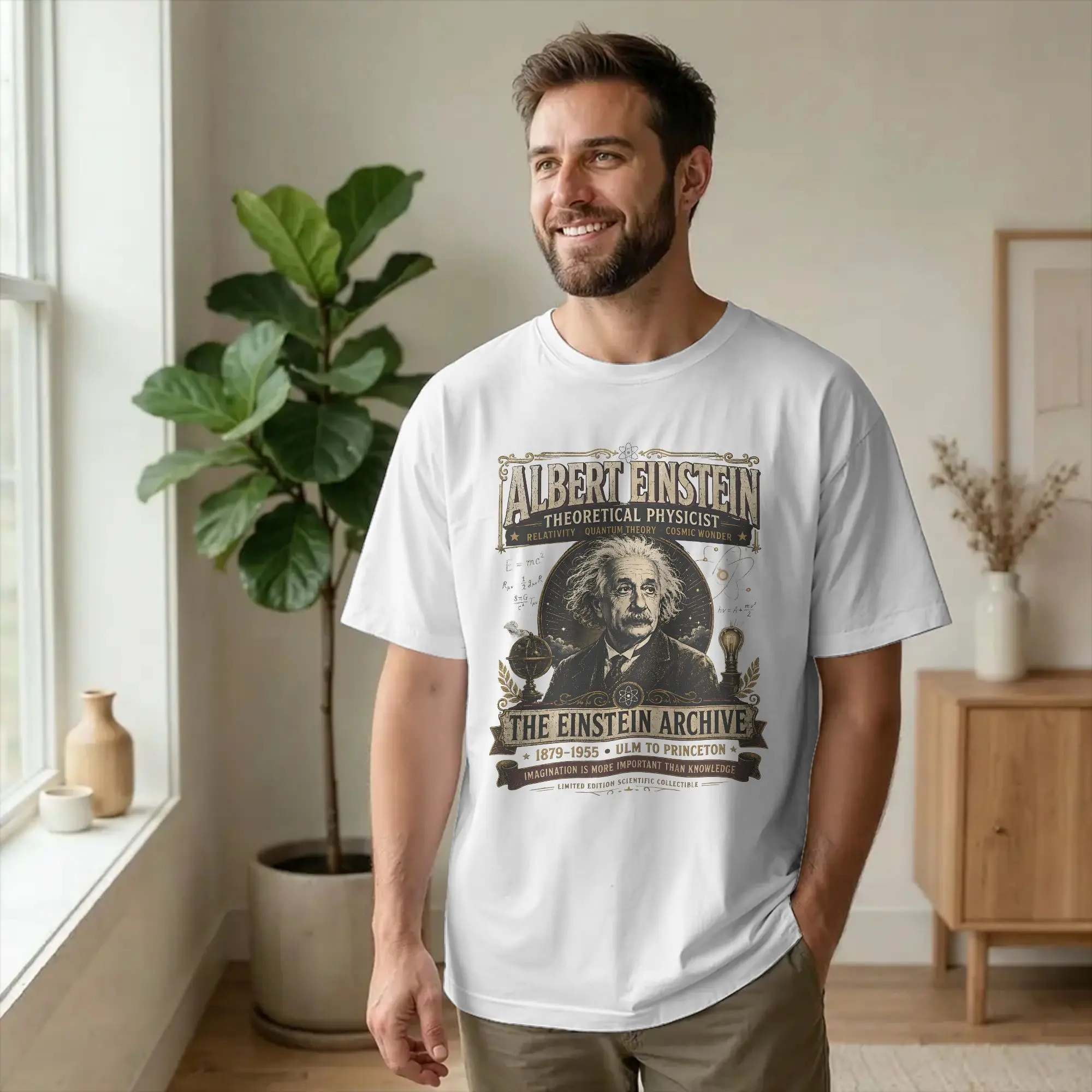 Men T-Shirt Albert Einstein Portrait Physicist Casual Cotton Tee Shirt Short Sleeve Genius T Shirt merchandise Birthday Gift