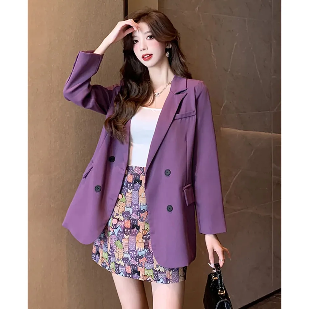 ashion Women Skirs Sets Spring Summer High-end Purple Blazer Jacket Print Skirt Two-piece Suit Ladies Elegant Blazers Coat 2PCS