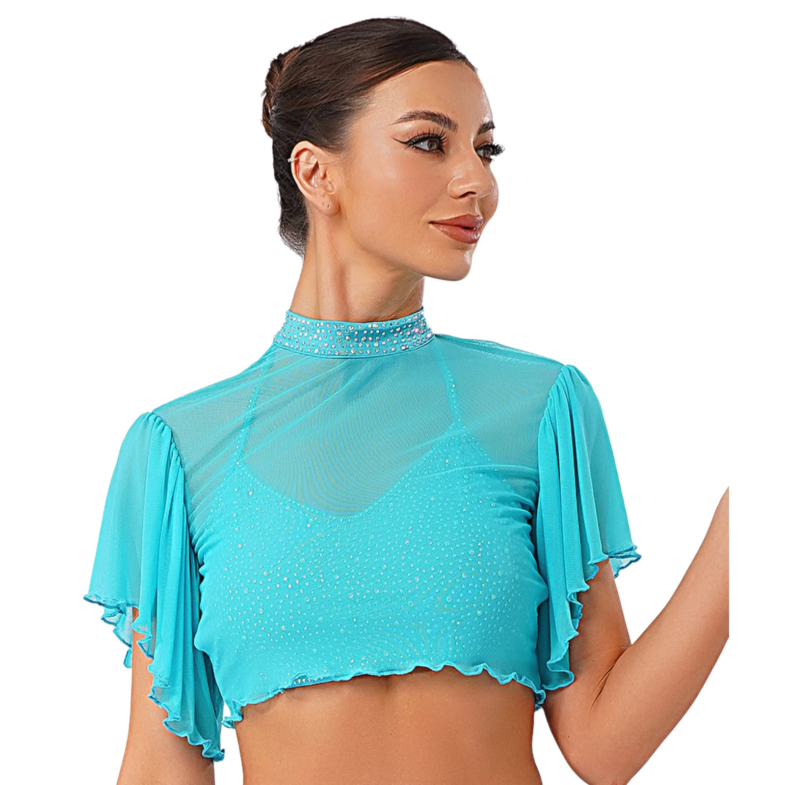 Cardigan court de danse latine lyrique pour femmes, strass brillants, manches courtes, dos ouvert, haut pour spectacle de danse moderne de Ballet