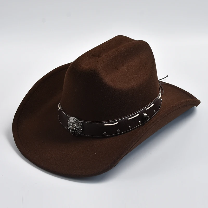 New Vintage Western Cowboy Hat with Punk Belt Men\'s Gentleman Cloche Church Caps Lady Roll Up Jazz Cowgirl Hats