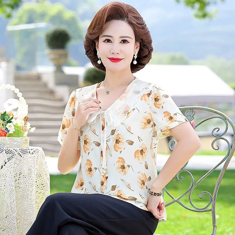 Temperament Mother Dress Short-sleeved Floral Chiffon Shirt Women's T-shirt