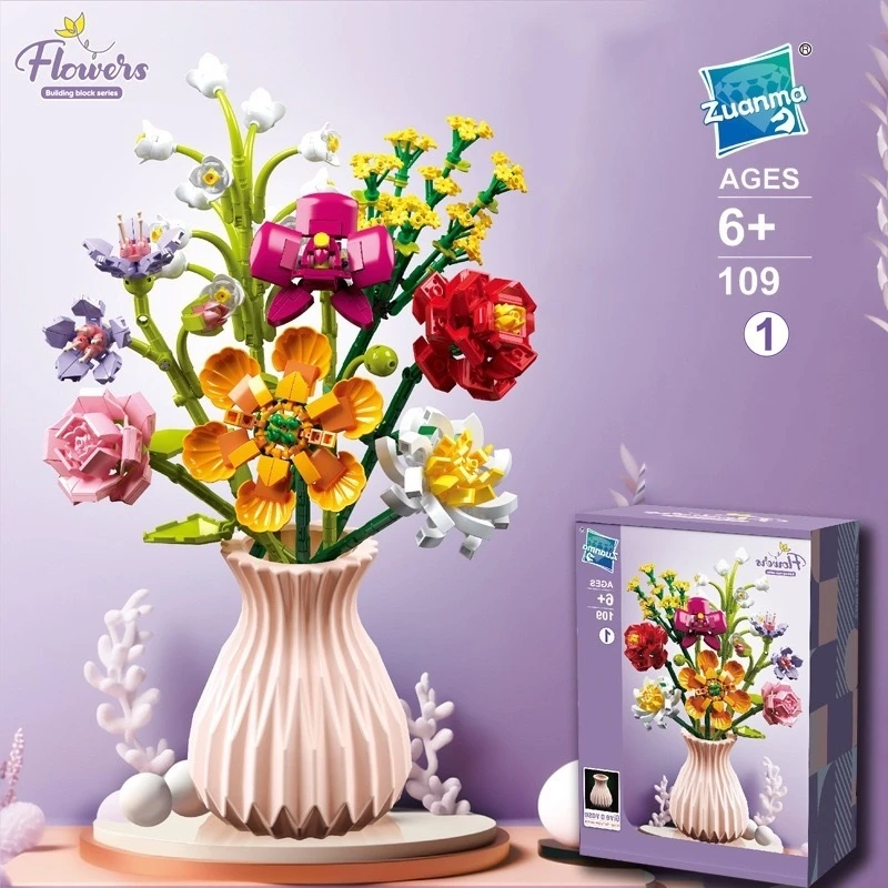 Zestaw Klocków Botanicznych Kwiatów 700+ Elementów Model Róży i Słonecznika z Dekoracyjnym Wazonem DIY Zabawka do Kompozycji Kwiatowych dla Dzieci