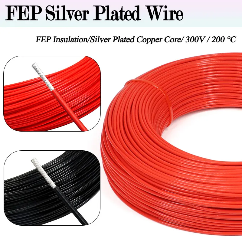 3/5/10M FEP Insulated Silver Plated Copper Wire Black Red Cord OFC DIY Audio Speaker Headphone HiFi Signal Cable For 3D Printer