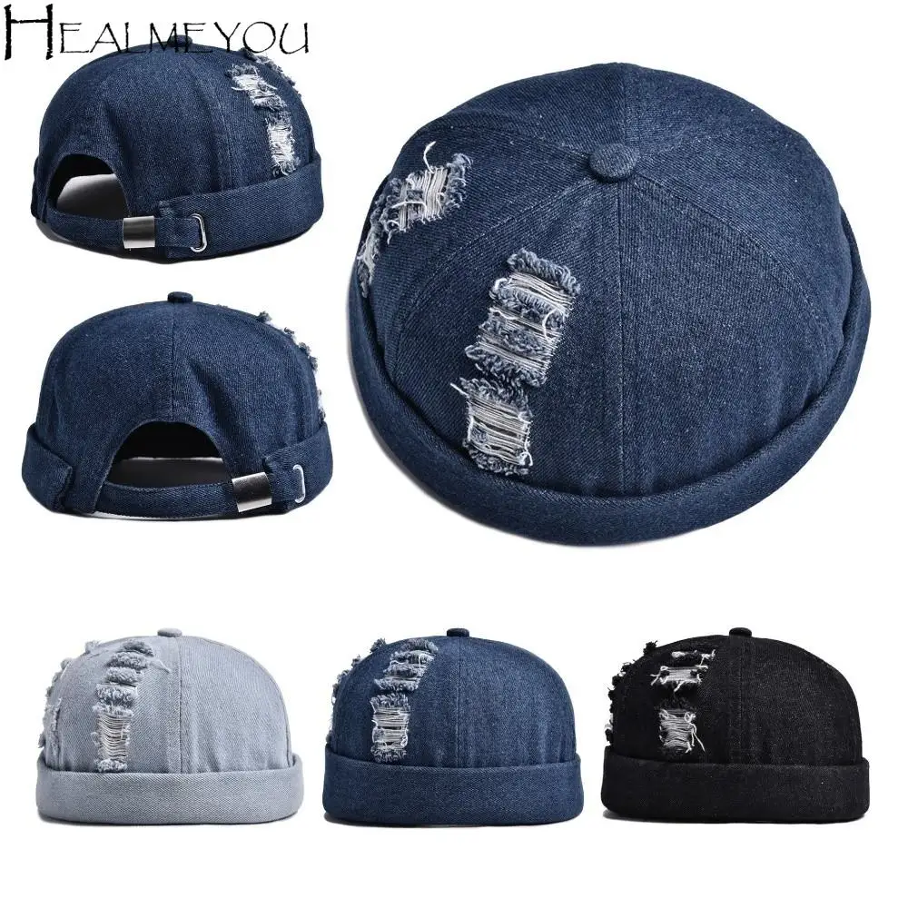 

Vintage Denim Brimless Hat Dome Old Holes Melon Docker Cap without Visor Solid Color Bucket Cap Unisex