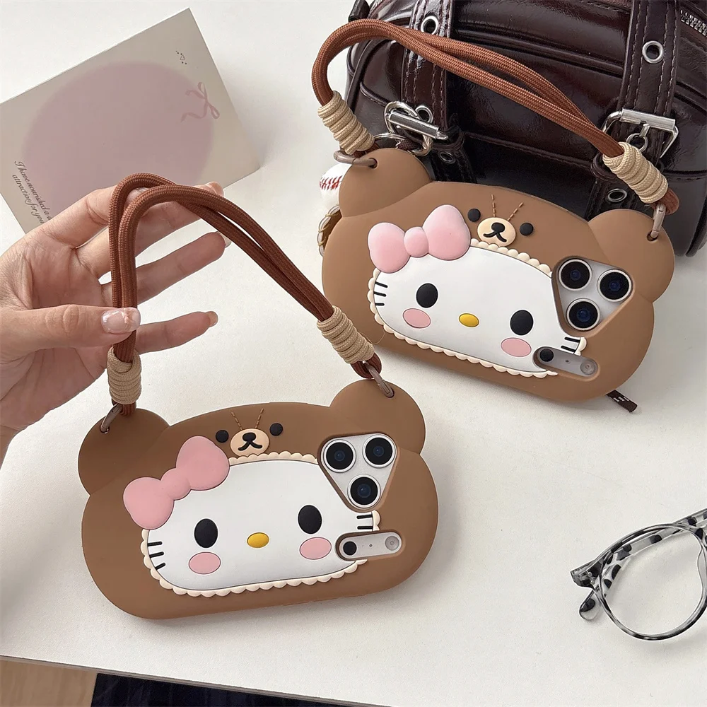 Kawaii جديد مرحبا كيتي الدب حقيبة يد ثلاثية الأبعاد جراب هاتف آيفون 17 برو 13 14 15 17 برو ماكس فوندا 16 E 15 زائد سيليكون الكرتون حالات