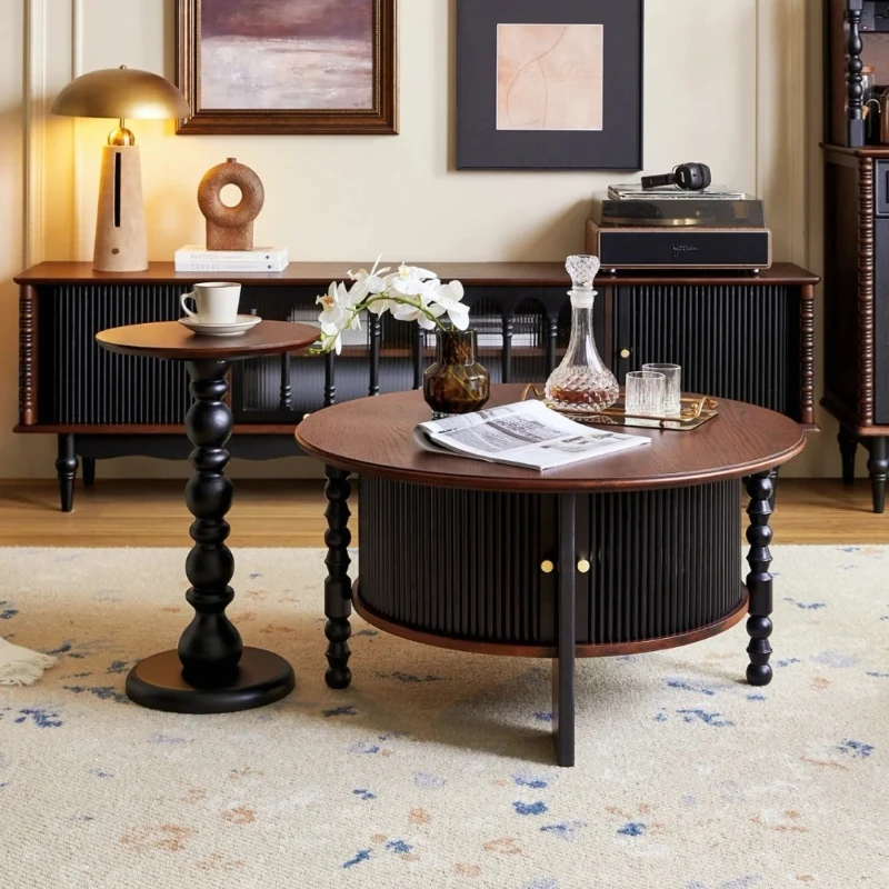 

French retro solid wood round coffee table round tea table combination medium and ancient style small apartment household storag