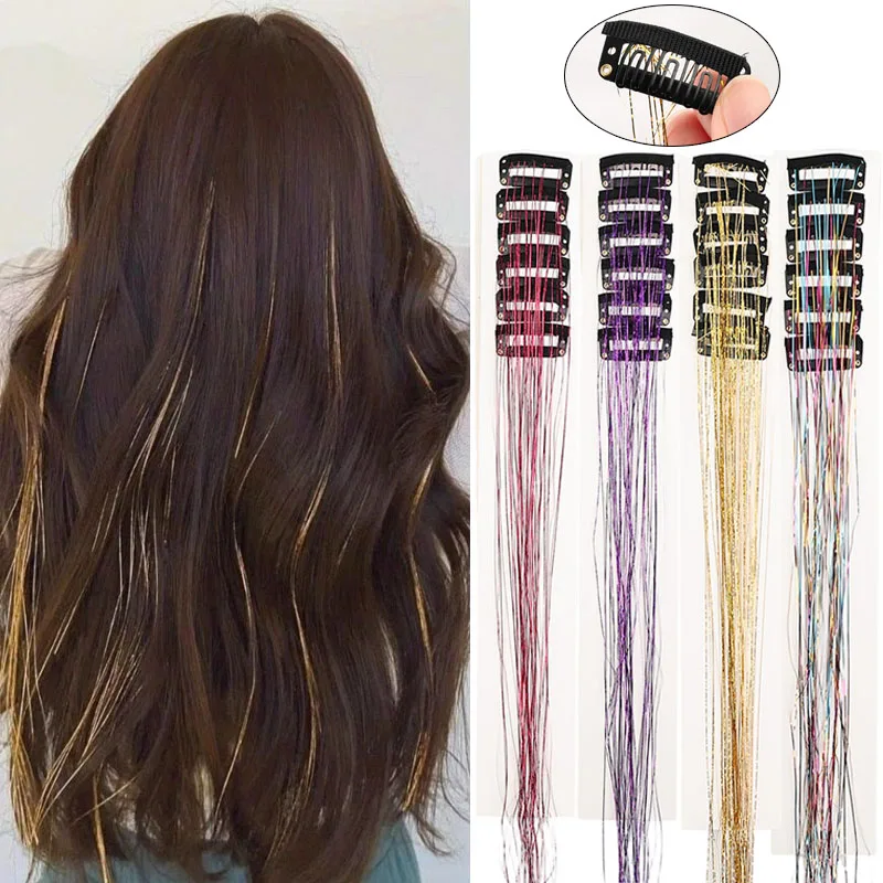 

12Pcs Set Glitter Tinsel Hair Wig Piece Party Headdress Synthetic Laser Shiny Sparking Clip in Sparkle Women Hair Accessories