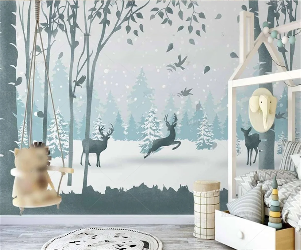 Custom size mural pine forest mountain bird Deer mist forest Wallpaper Study room decorative painting hanging papel tapiz