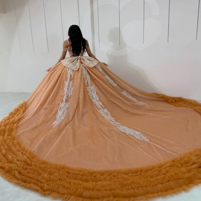 Orange Glitter Quinceanera Dresses Off Shoulder Ball Gown Sweet 16 Dress Sequin Applique Beading Crystal Bow Tiered Tull Party