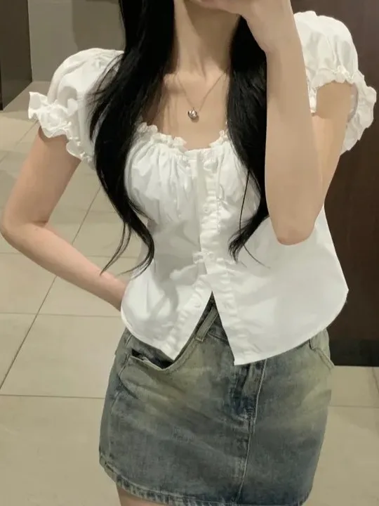

Korean Sle Women's Bubble Sve irt ort Sve Chiffon Top Single Button Slimming Young-looking Small Size Faion