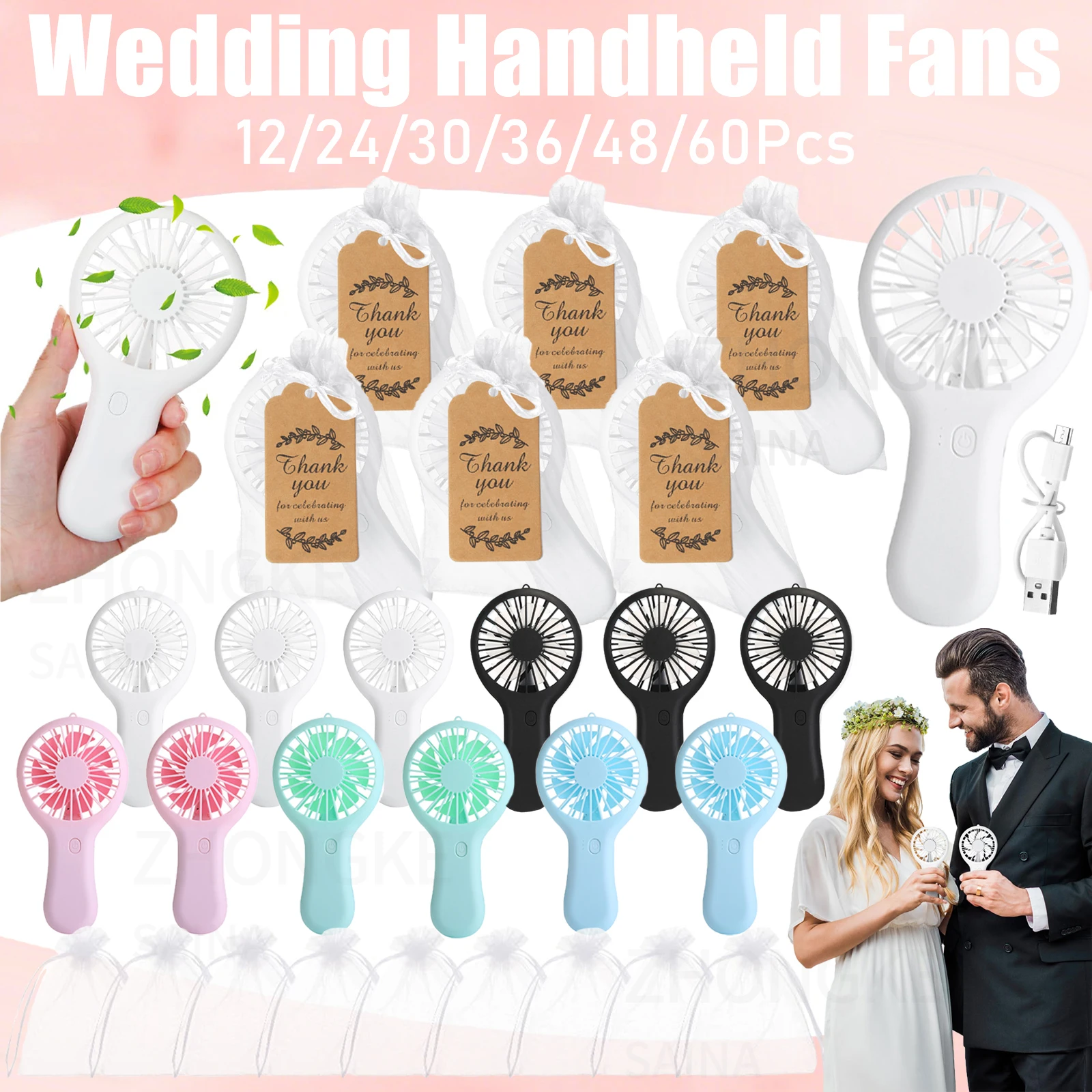 

12-60PCS Mini Portable Handheld Fan Wedding Fans for Guests Portable Fans USB Rechargeable Party Eyelash Fan with Card Gift Bag